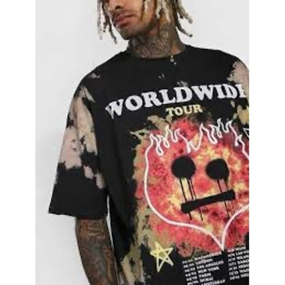 BoohooMAN Worldwide Tour Graphic Tie Dye T-Shirt Mens Medium Black Tan Oversized